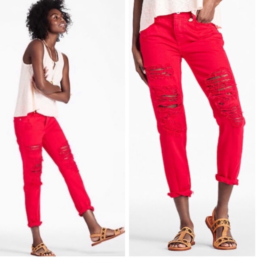 Lucky Brand Red Sienna Slim Boyfriend Jeans distressed destroyed size 6